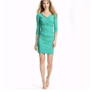 Diane Von Furstenberg Bentley Short Dress Ruched Sheath 3/4 Sleeve Green M